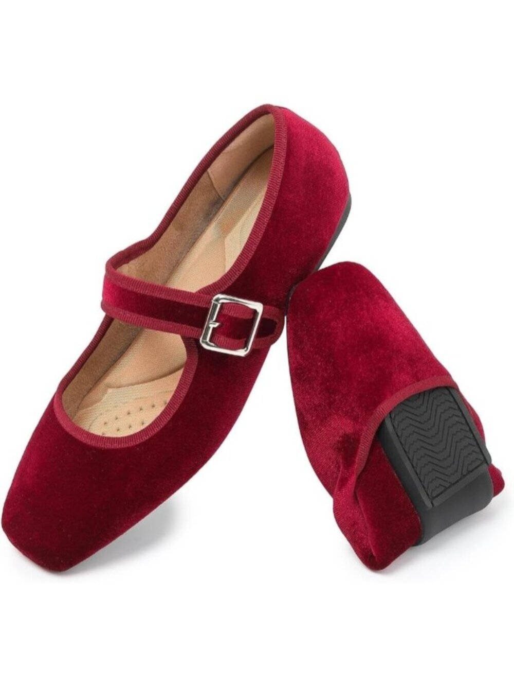 Women's Red Mary Jane Square Toe Ballet Flat With Adjustable Strap Shoes